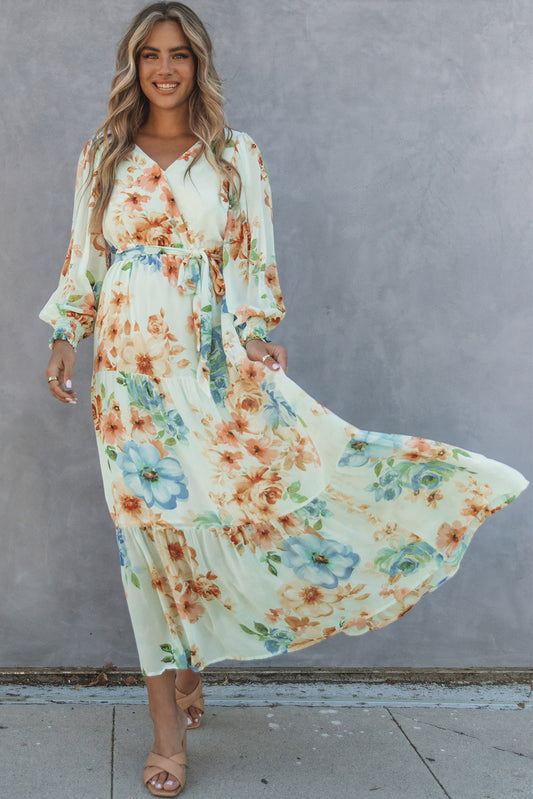 Green Puff Sleeves Empire Waist Floral Print Maxi Dress