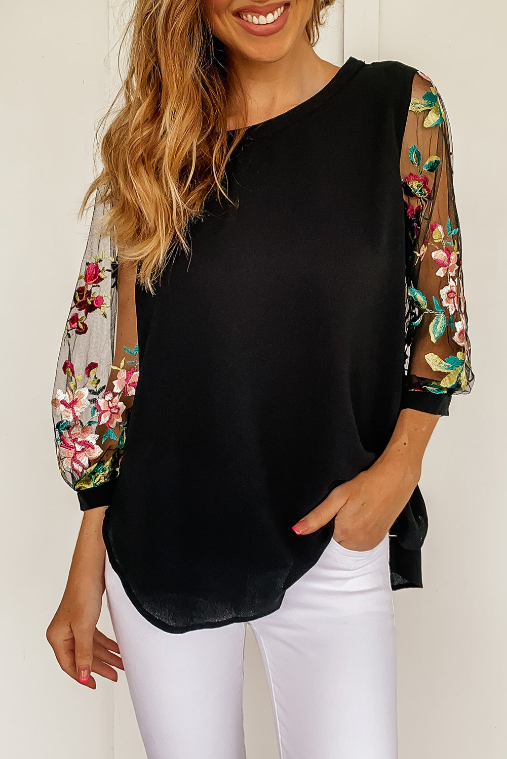 Black Floral Embroidered Sleeve Blouse