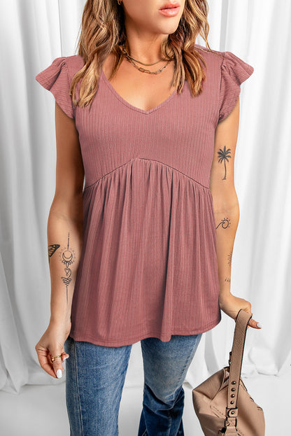 Pink Ribbed Flounce Sleeve V Neck Babydoll Top