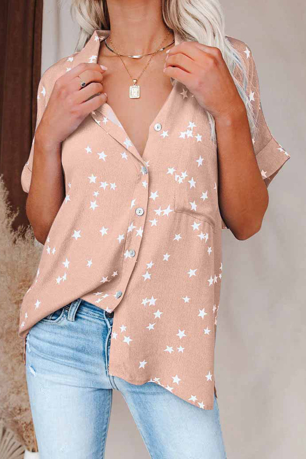Pink Stars Print Cuffed Sleeves Shirt