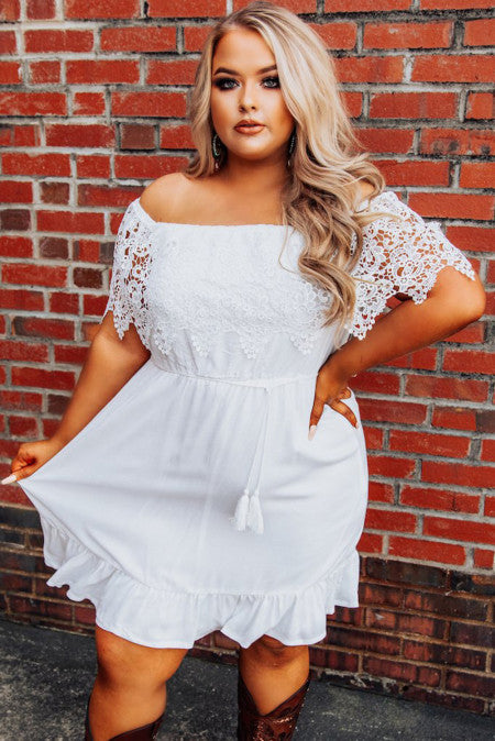 Off-the-shoulder Lace Sleeves Plus Size Dress