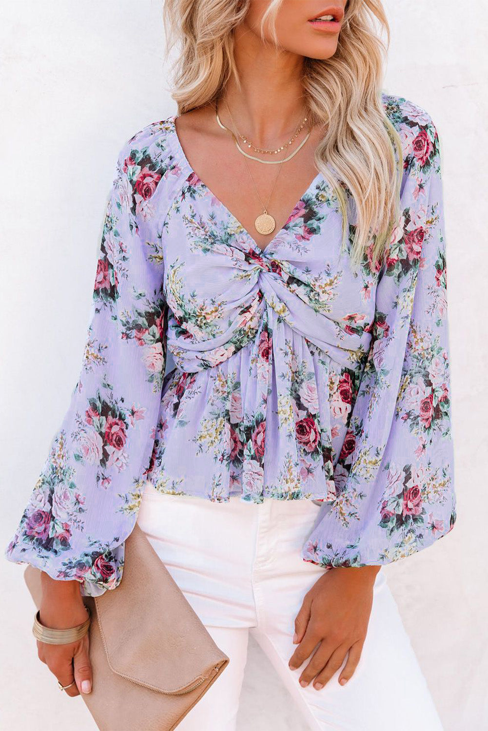 V Neck Balloon Sleeve Twist Front Floral Blouse