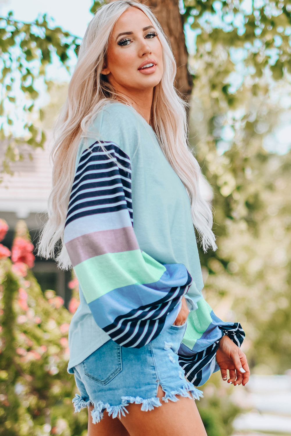 Sky Blue Striped Colorblock Long Sleeve Knit Top