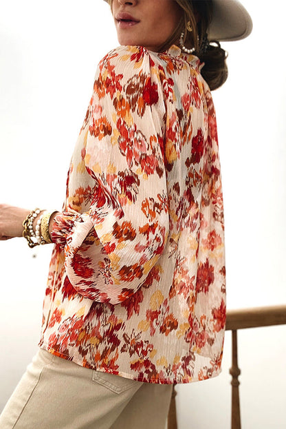 Frilled Split Neckline Abstract Floral Blouse