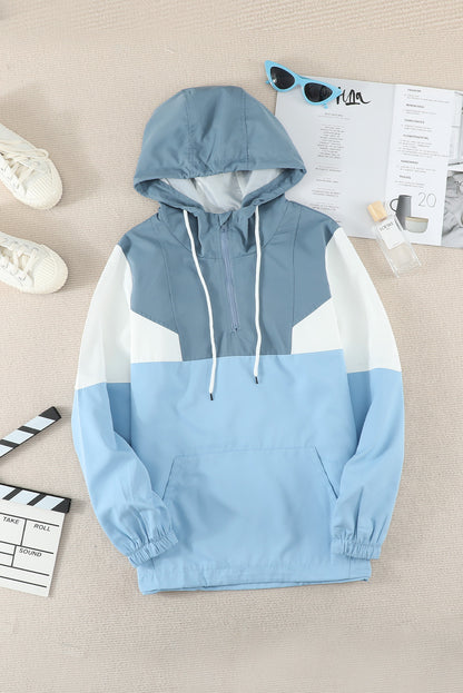 Blue Color Block Zipper Long Sleeve Hoodie with Pocket