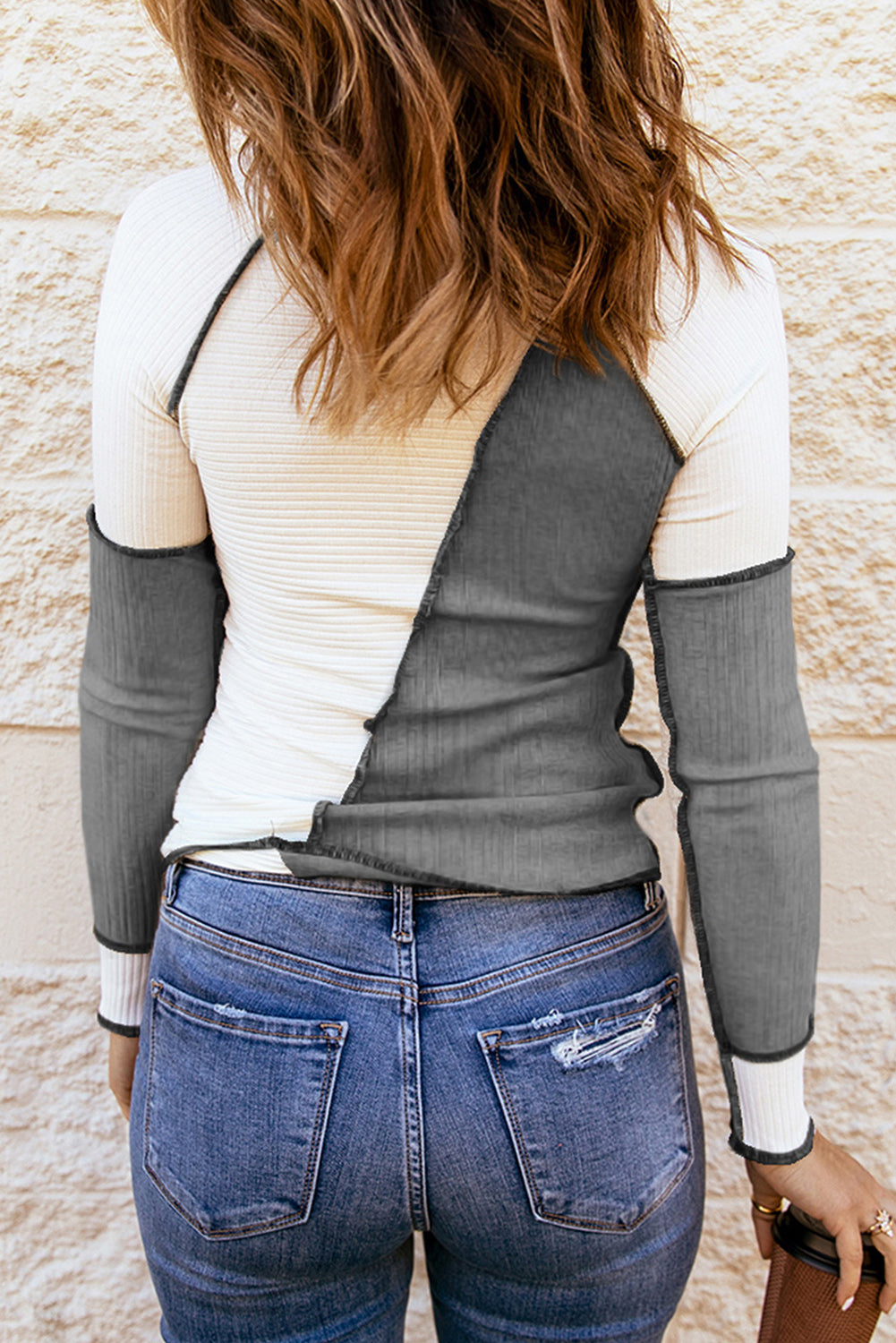 Gray Irregular Color Block Seaming Trim Rib Knit Top