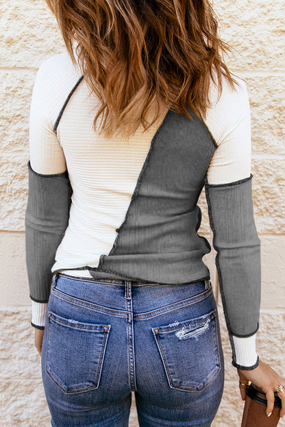 Gray Irregular Color Block Seaming Trim Rib Knit Top