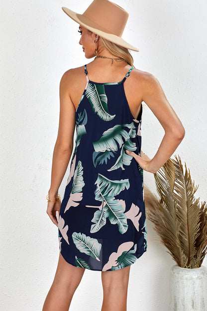 Palm Tree Leaf Print Navy Sleeveless Dress