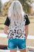 Leopard Pattern Patchwork Zip-up V Neck Short Sleeve T-shirt