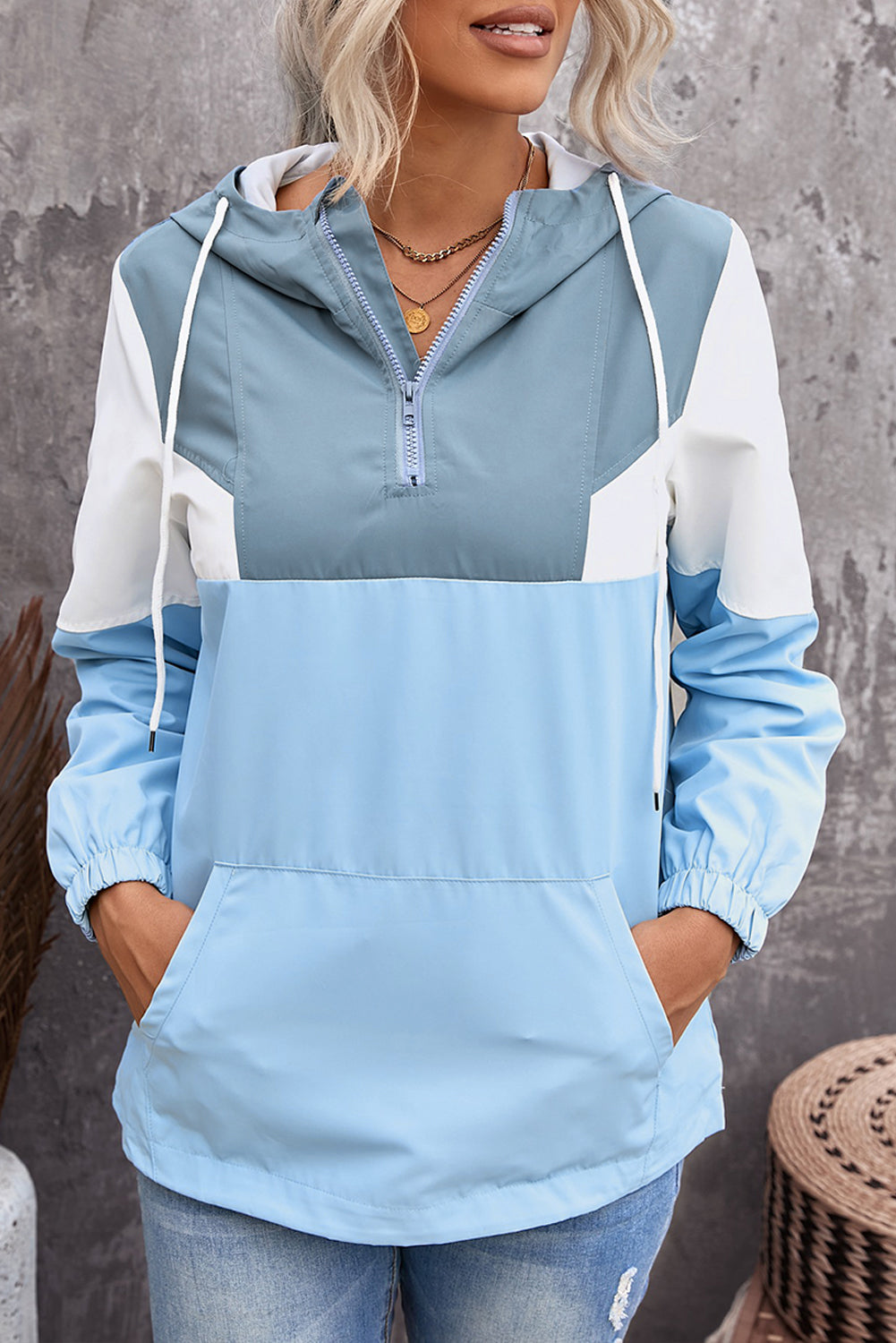 Blue Color Block Zipper Long Sleeve Hoodie with Pocket