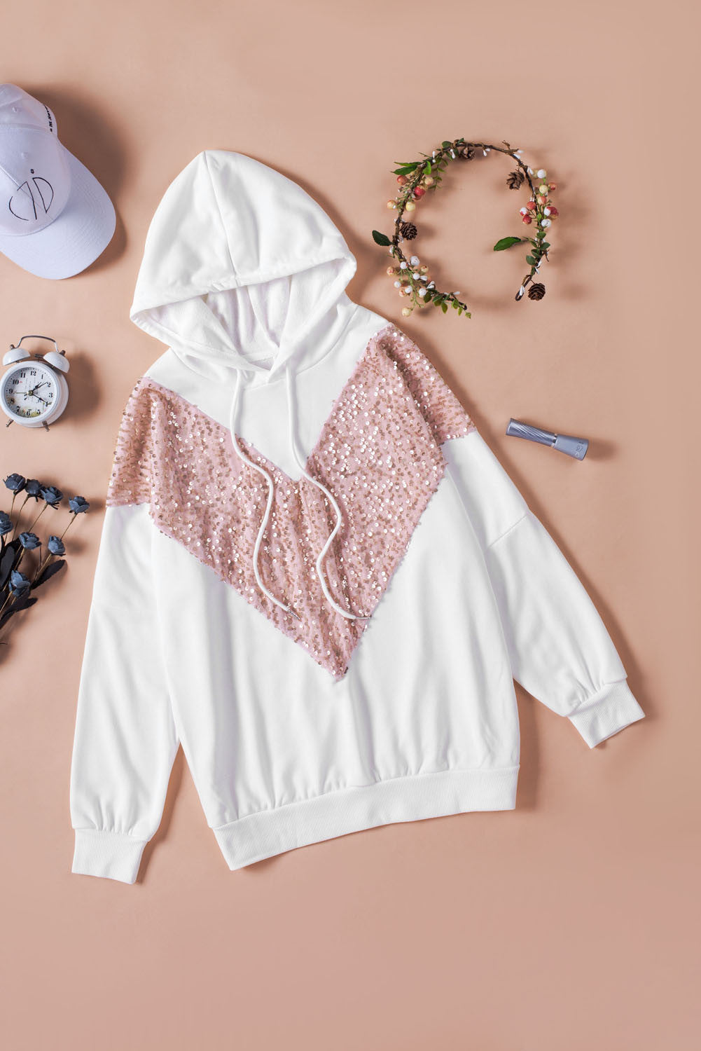 White Chevron Sequin Pullover Hoodie