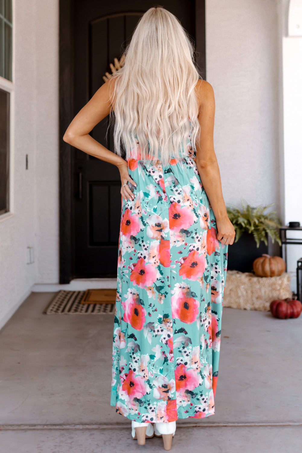 Sky Blue Boho Print Sleeveless High Waist Long Floral Dress