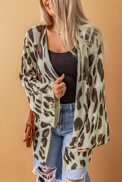 Leopard Print Bell Sleeve Open Front Knitted Cardigan