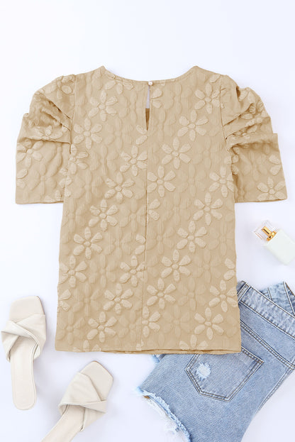 Apricot Floral Lace Ruched Bubble Sleeve Top