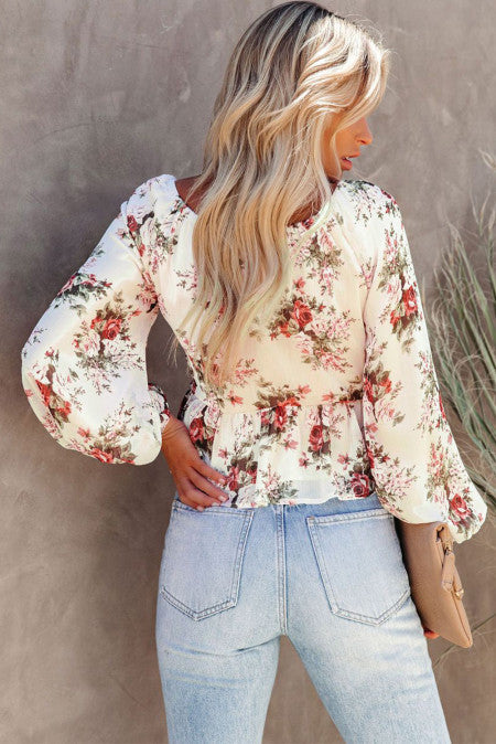 V Neck Balloon Sleeve Twist Front Floral Blouse