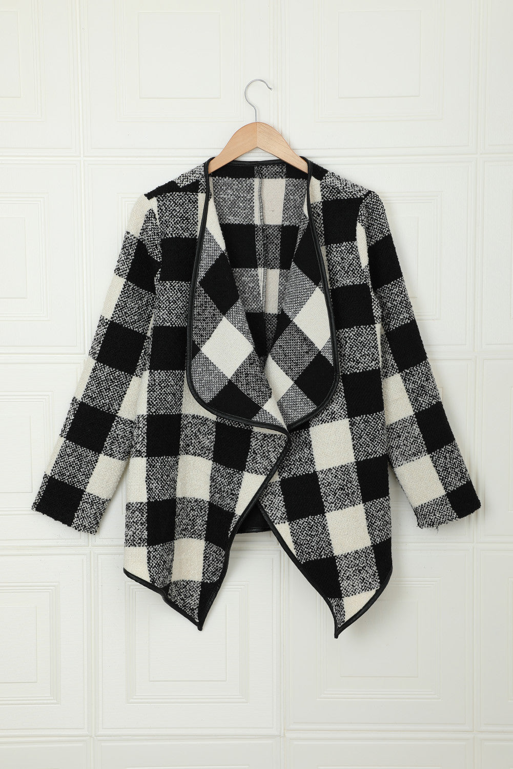 Black Plaid Long Sleeve Asymmetric Collar Open Front Coat