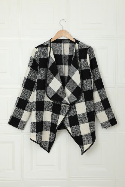 Black Plaid Long Sleeve Asymmetric Collar Open Front Coat