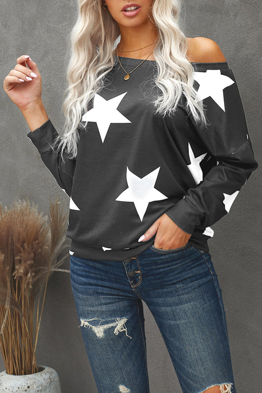 Fashion Five-pointed Star Print Round Neck Gray Sweatshirt