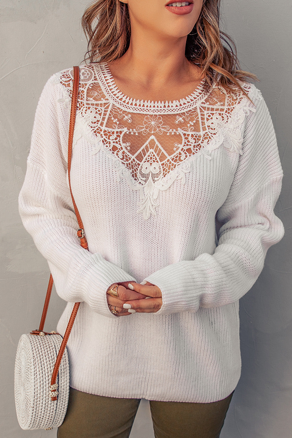 Lace Splicing Drop-shoulder Knitted Sweater