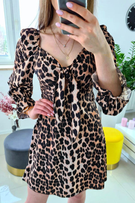 Leopard Print Puff Sleeve Knot Mini Dress