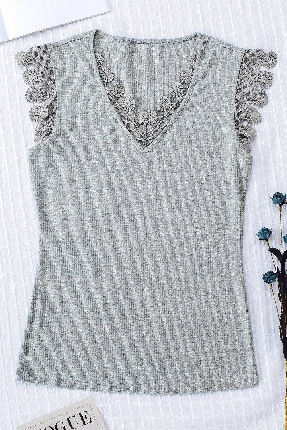 Lace Crochet Ribbed V Neck Tank Top