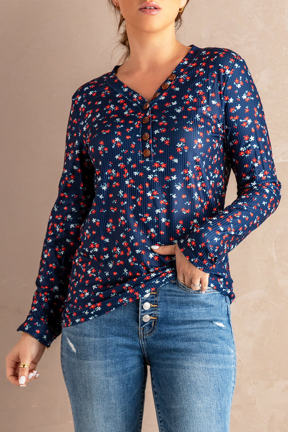 Navy Button V Neck Long Sleeve Floral Top
