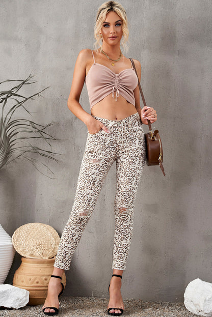 Leopard Raw Hem Straight Legs Pants