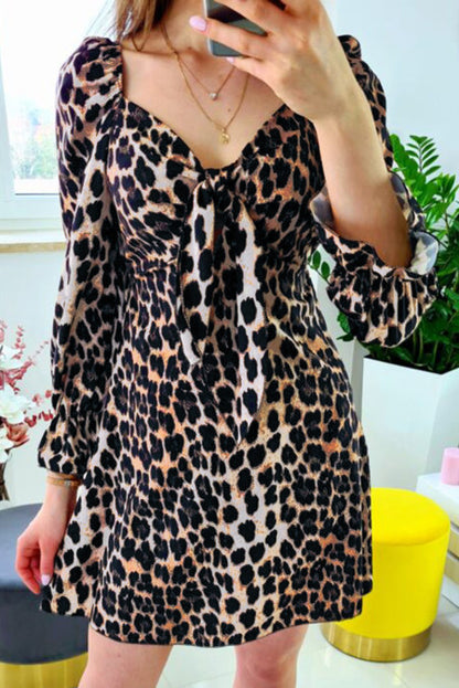 Leopard Print Puff Sleeve Knot Mini Dress