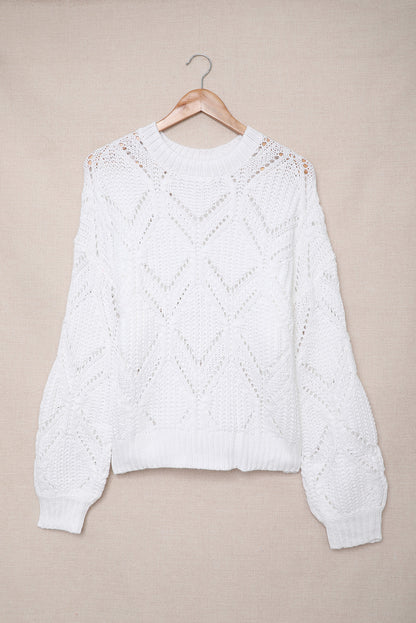 White Crewneck Balloon Sleeve Textured Knit Sweater