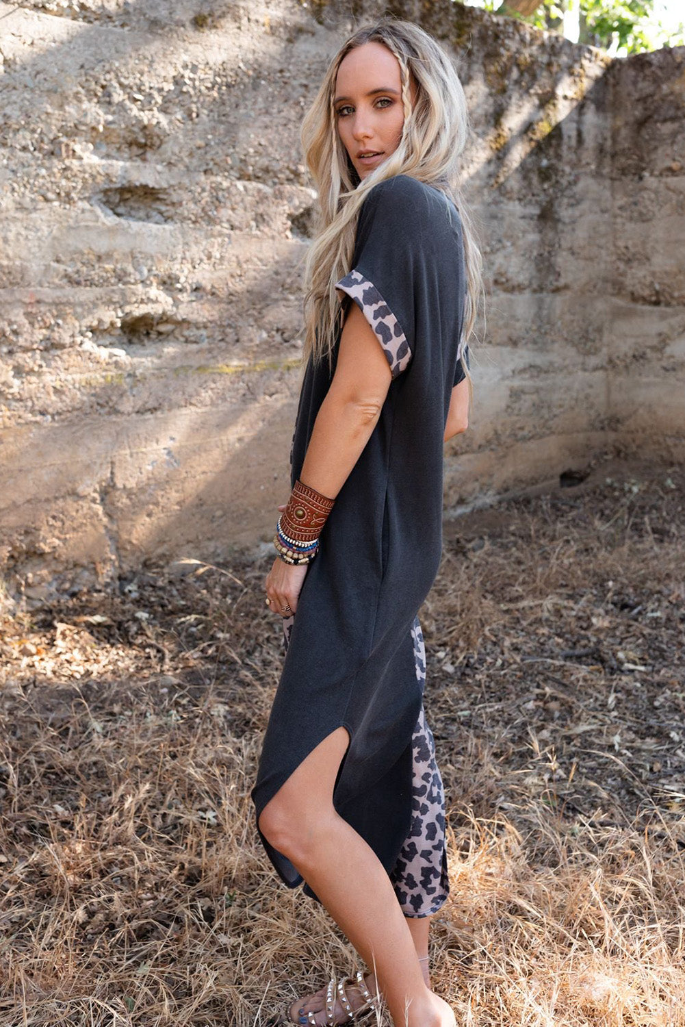 Black Contrast Solid Leopard Short Sleeve T-shirt Dress with Slits