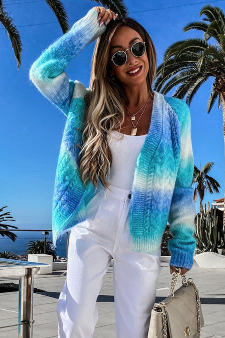 Blue Gradient Open Front Colorblock Tie-dye Cardigan