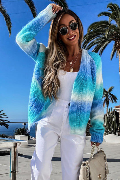 Blue Gradient Open Front Colorblock Tie-dye Cardigan