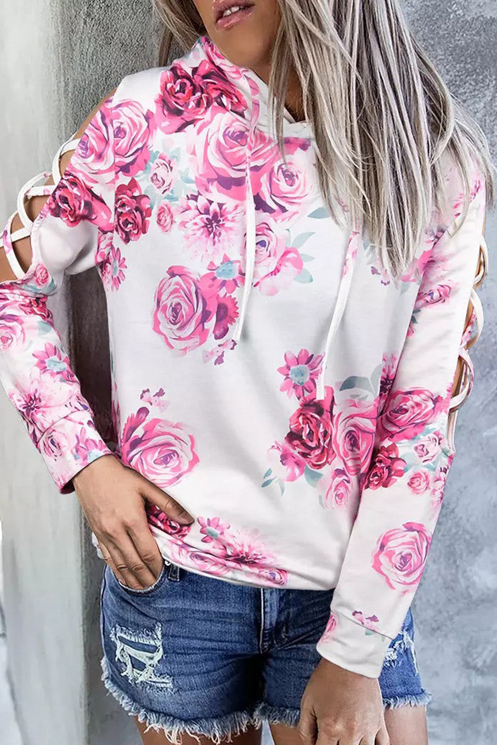 White Floral Print Criss-Cross Cold Shoulder Hoodie