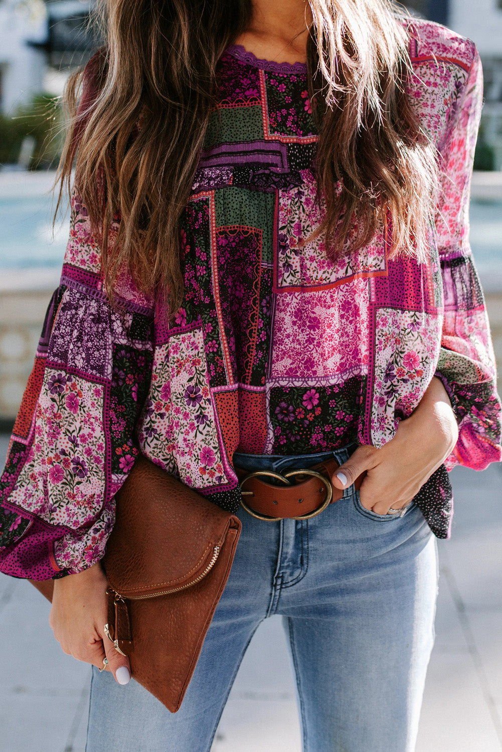 Rose Bohemian Floral Print Patchwork Top