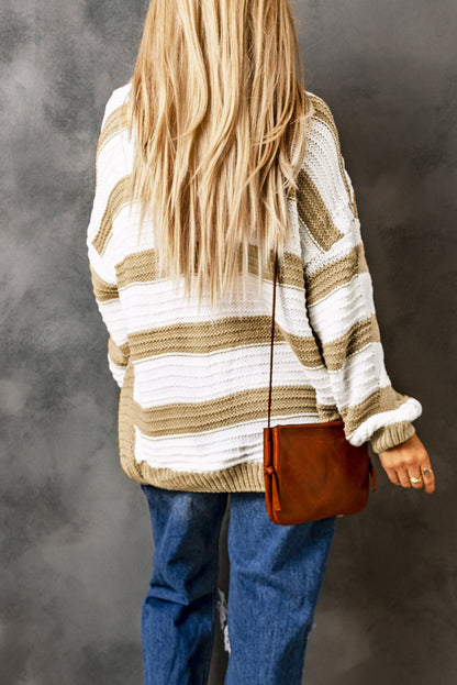 Khaki Color Block Open Front Knitted Cardigan
