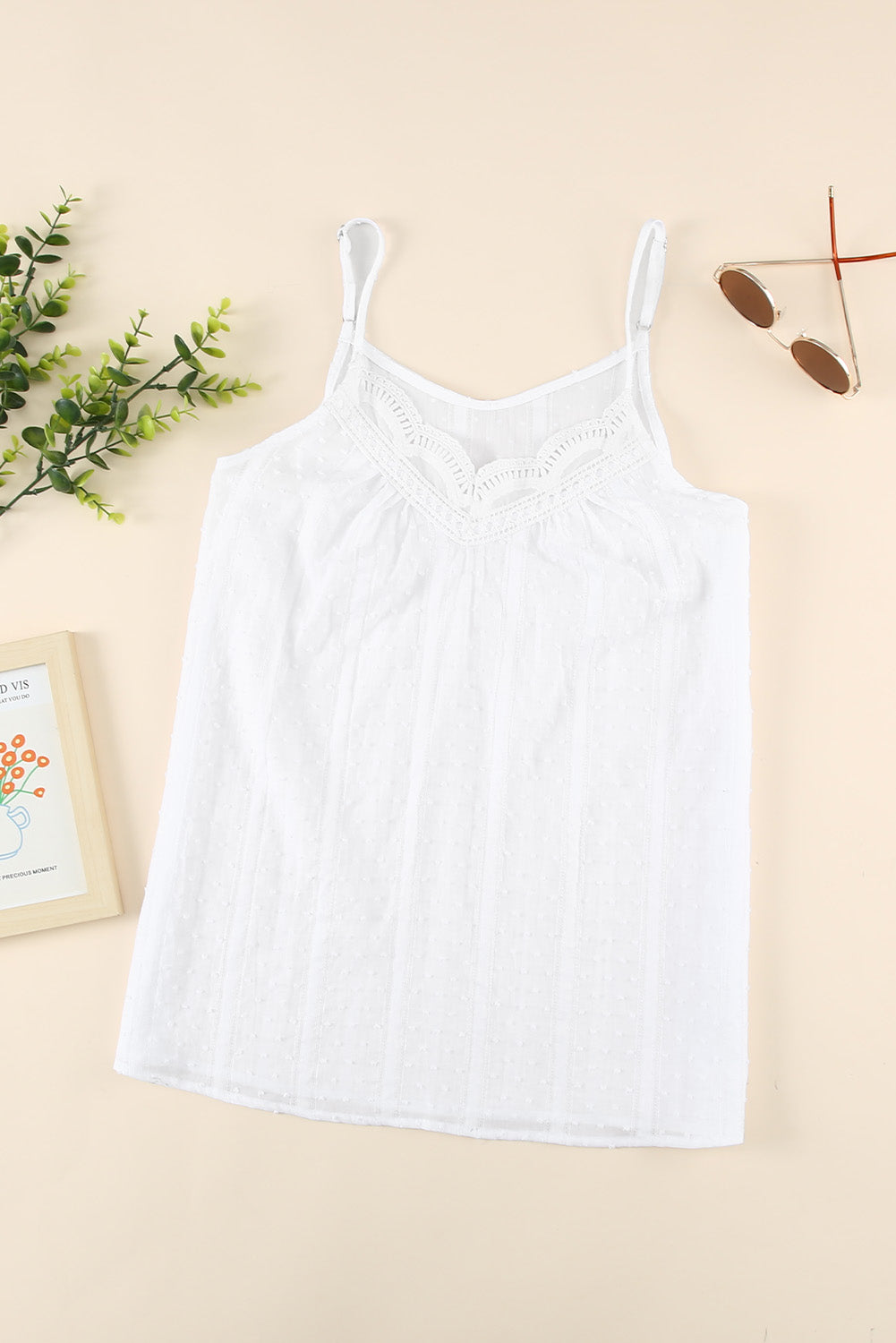 White Solid Lace Splicing Spaghetti Strap Tank