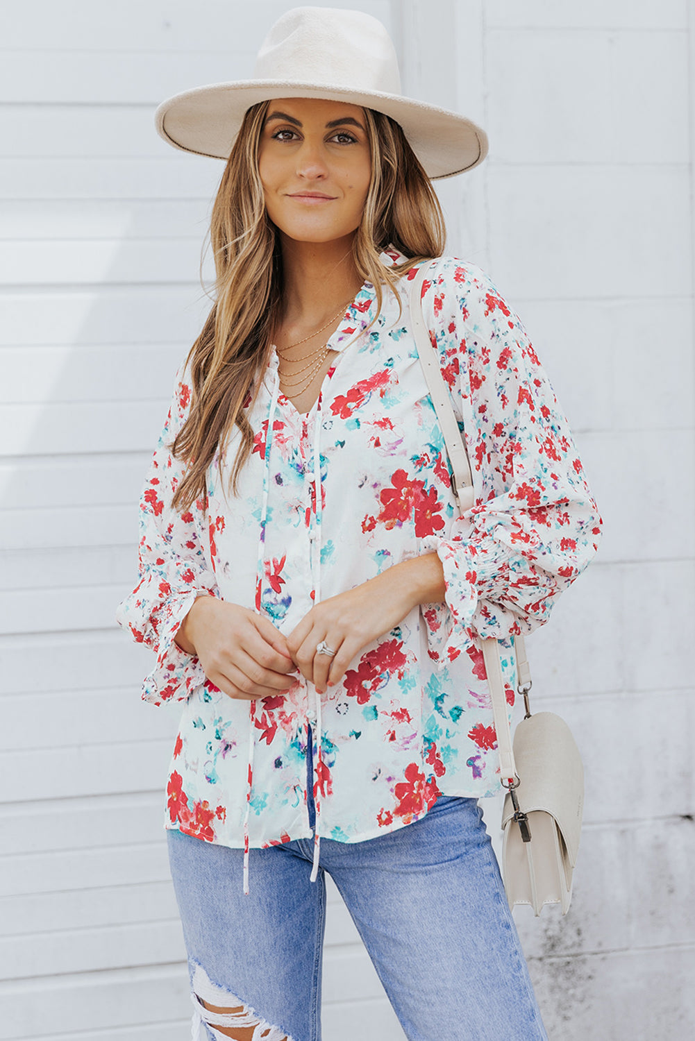 Red Cakewalk Floral Smocked Blouse