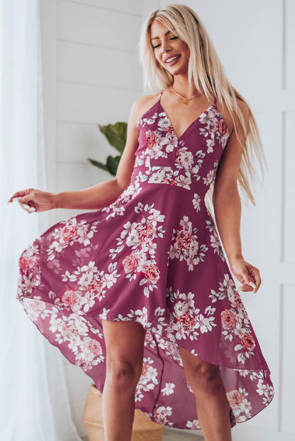 Burgundy Floral High-low Dress with Lace Back