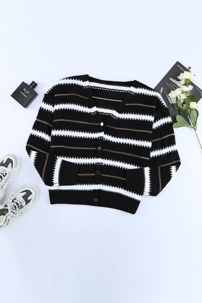 Black V Neck Stripes Colorblock Button Cardigan