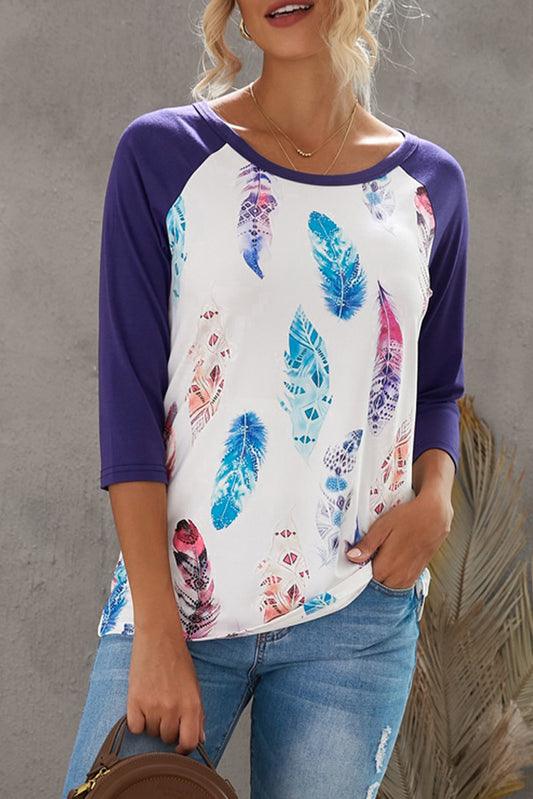 Feather Print 3/4 Raglan Sleeve Top