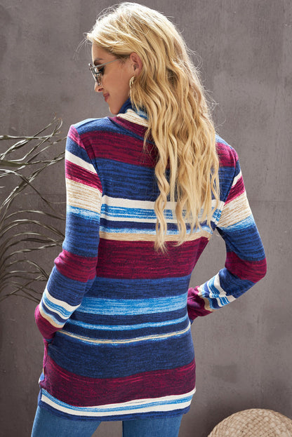 Blue Multicolor Cowl Neck Striped Sweatshirt
