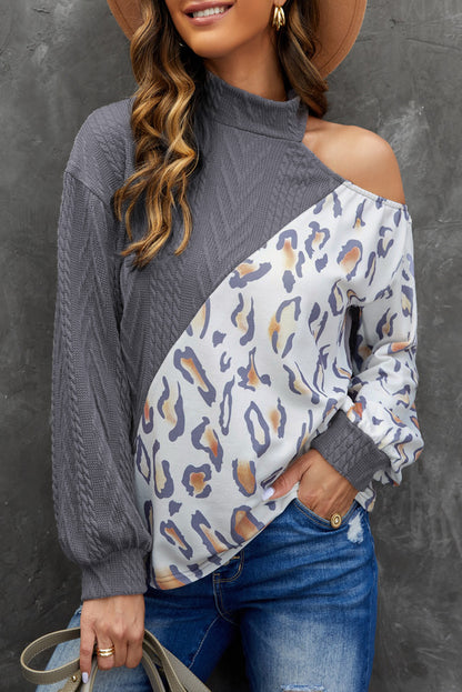 Leopard Color Block Cold Shoulder Turtleneck Top