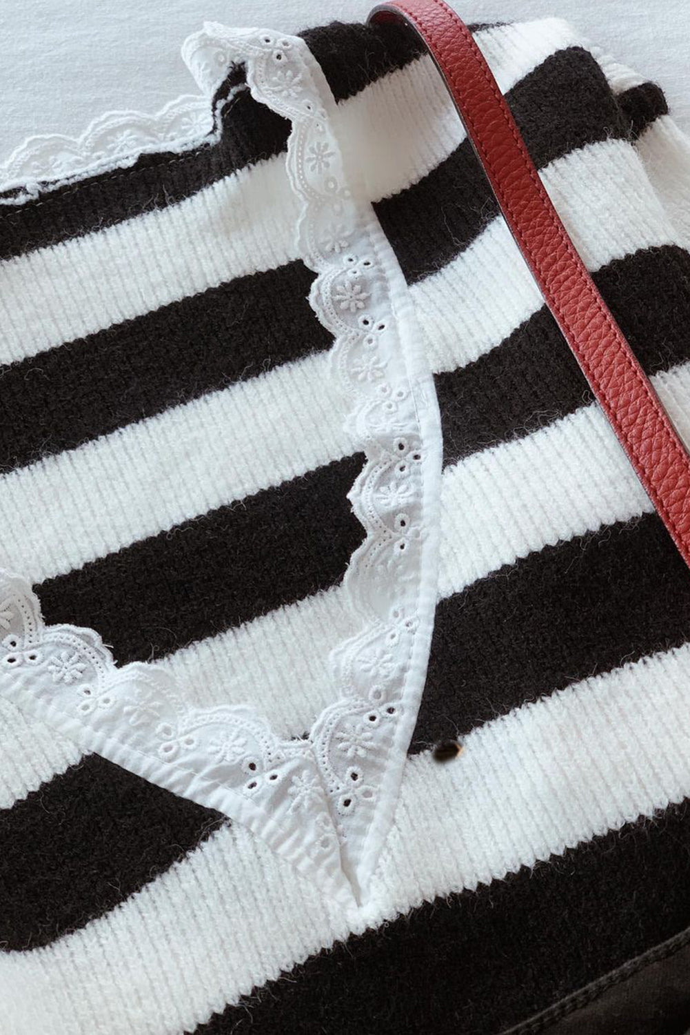 Striped Lace Splicing V Neck Pullover Sweater