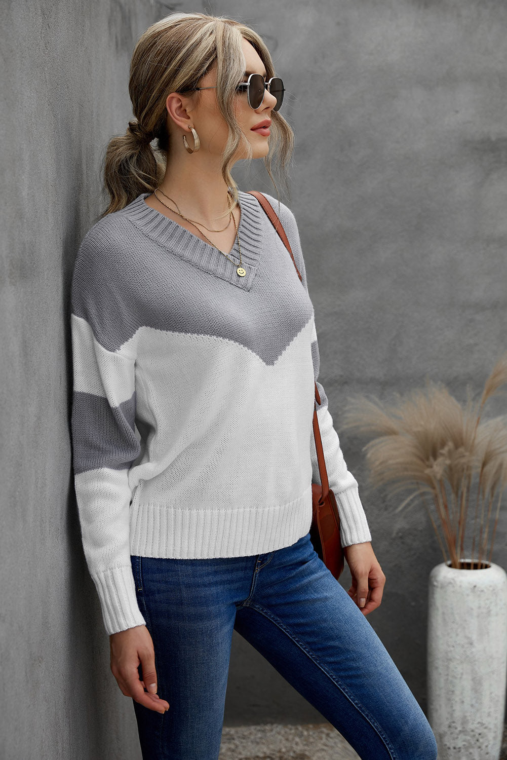 Colorblock V Neck Casual Sweater