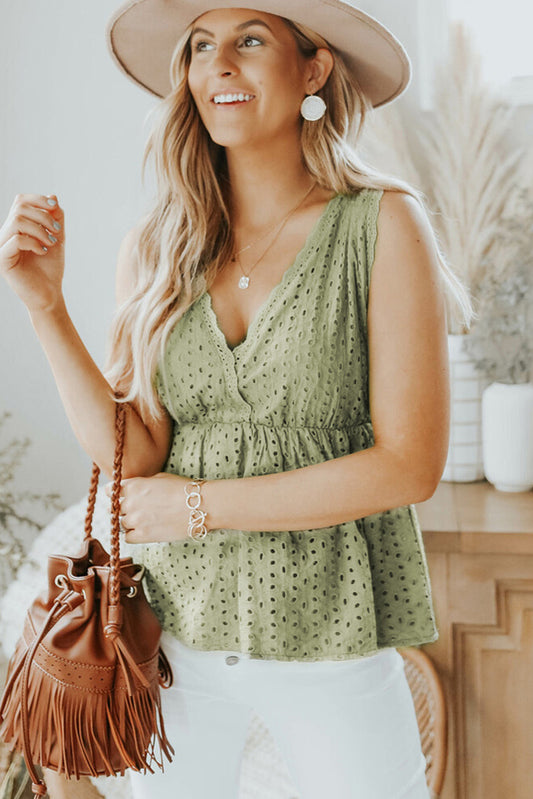 Green Sleeveless Eyelet Peplum Top